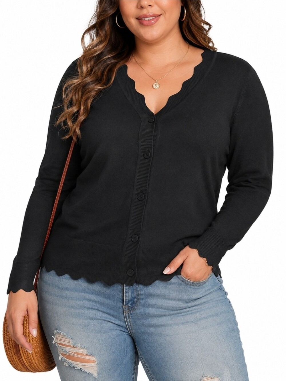 Classic Black Scallop Edge Knit Cardigan | Button Front Sweater | Large | NWT